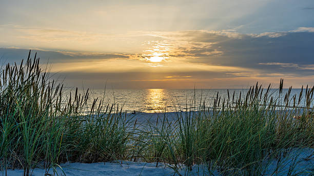istock Beautiful sunset behind grass-covered dunes by the sea 2235951724