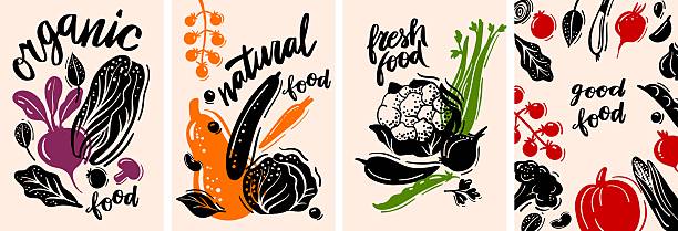 Hand-drawn series of posters with vegetables. Features organic produce, promotes healthy eating habits. The designs are perfect for healthy food stores, farmer's markets, menus, or home decor.