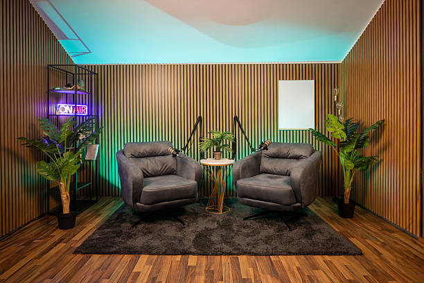 istock Stylish podcast studio interior with expert lighting for digital media production. 2235965845