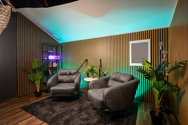 istock Professional podcast recording space with modern lighting and clean interior. 2235965984