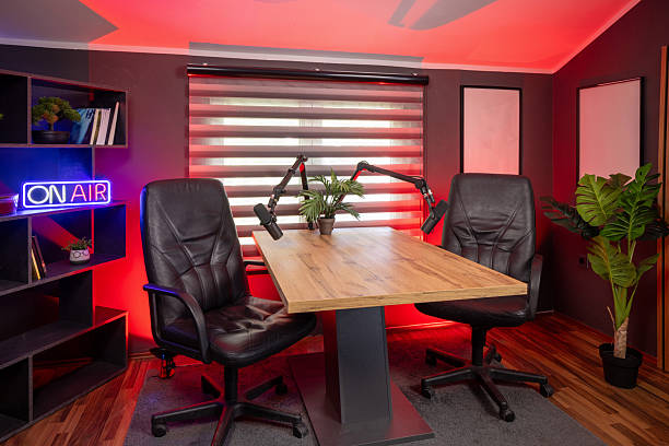 istock Modern podcast recording studio with professional lighting 2235966329