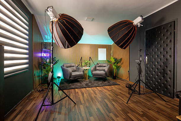 istock Professional podcast recording space with modern lighting and clean interior. 2235966363