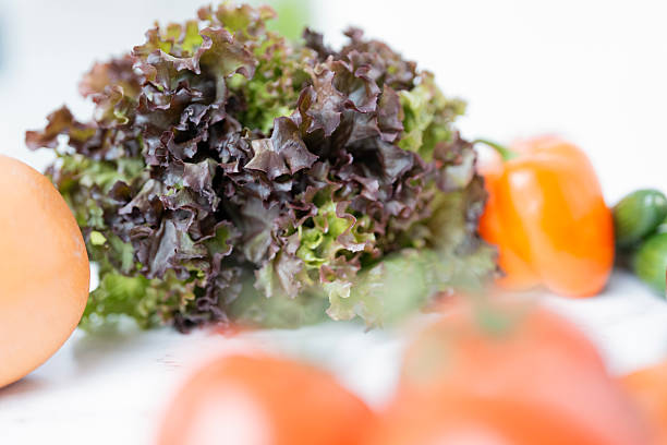 Red lettuce surrounded by orange peppers and other colorful vegetables displayed on a white surface.