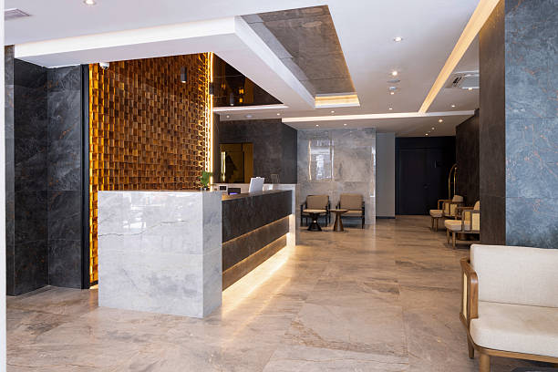 istock Modern hotel reception interior with decorative wooden wall 2235968713