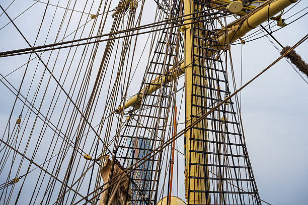 istock Detailed rigging ropes and mast structure of old sailing ship.. 2235969383