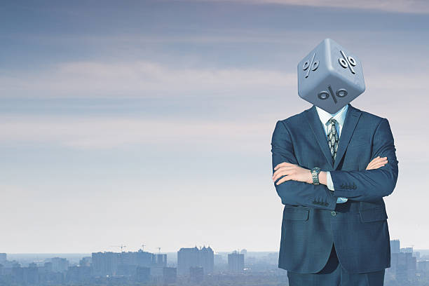Business figure with a unique cube head in urban landscape. A man in a suit stands confidently with a cube for a head symbolizing finance in a city skyline.
