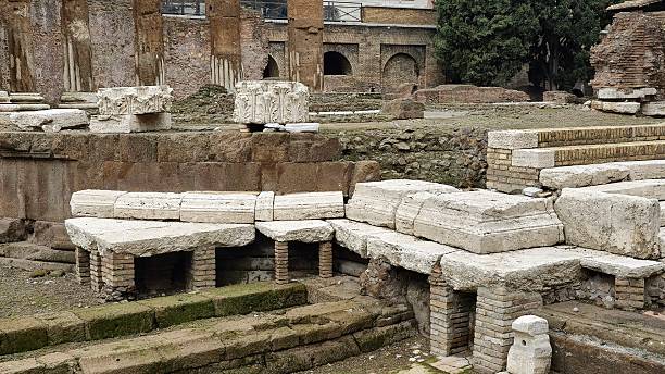 Rome, Italy - 11 January 2025. Fragmented column tops and stacked Roman masonry stand at the Curia of Pompey among excavated temple remains and brick archways.