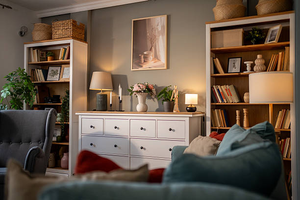 istock Cozy living room interior with bookshelves and comfortable sofa 2235988646