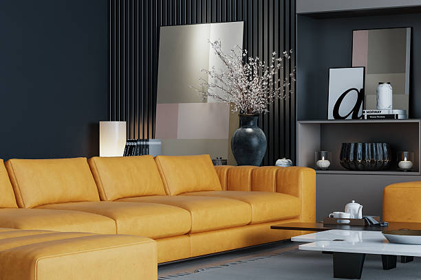 istock Modern Living Room Interior with Mustard-Yellow Orange Sofa and Minimalist Decor 2235989230