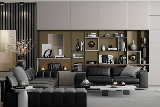 istock Elegant Living Room with Black Leather Sofas and Neutral-Toned Decor 2235991009