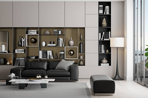 istock Elegant Living Room with Black Leather Sofas and Neutral-Toned Decor 2235991027