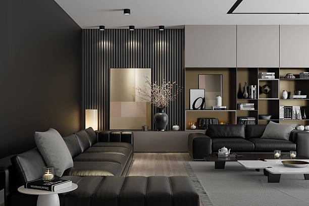 istock Elegant Living Room with Black Leather Sofas and Neutral-Toned Decor 2235991042