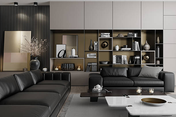 istock Elegant Living Room with Black Leather Sofas and Neutral-Toned Decor 2235991131
