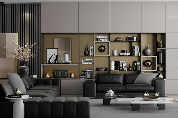 istock Elegant Living Room with Black Leather Sofas and Neutral-Toned Decor 2235991188
