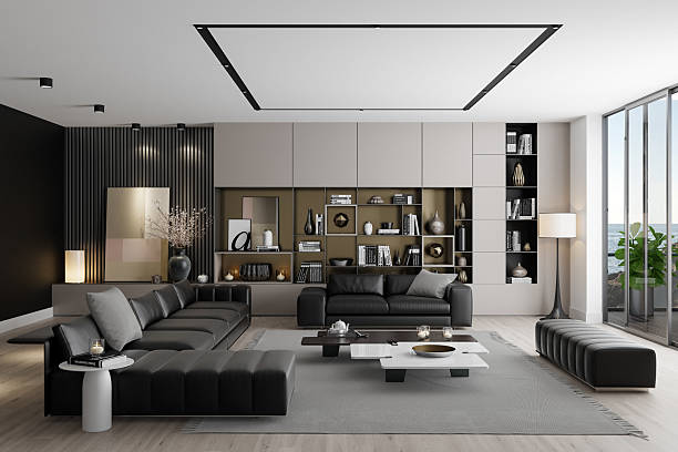 istock Elegant Living Room with Black Leather Sofas and Neutral-Toned Decor 2235991193