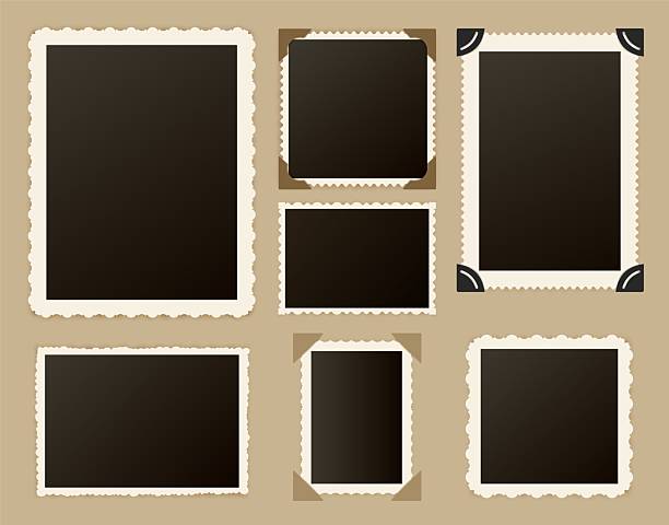 Retro photo frames. Old paper picture square frame for vintage photograph album and scrapbook. Family portrait, nostalgia photography with torn borders and corners. Vector template set.