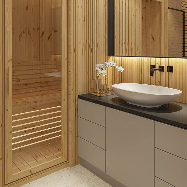 istock Small Japandi Style Bathroom with Sauna and Minimalist Vanity 2235995450