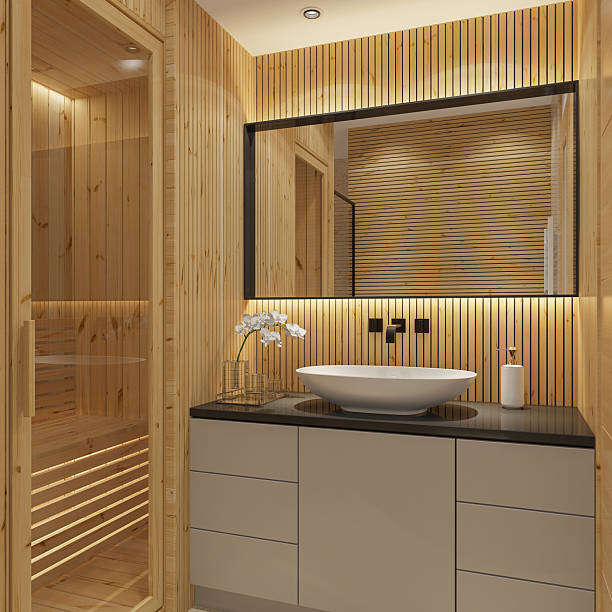 istock Small Japandi Style Bathroom with Sauna and Minimalist Vanity 2235995455