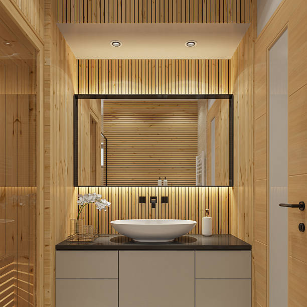 istock Small Japandi Style Bathroom with Sauna and Minimalist Vanity 2235995458