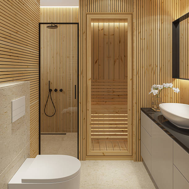 istock Small Japandi Style Bathroom with Sauna and Minimalist Vanity 2235995471