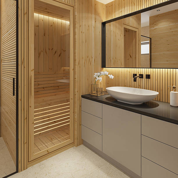 istock Small Japandi Style Bathroom with Sauna and Minimalist Vanity 2235995803