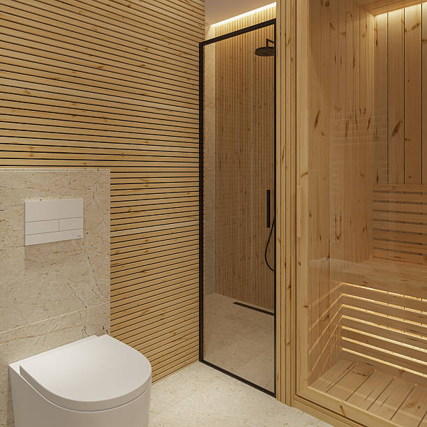 istock Small Japandi Style Bathroom with Sauna and Minimalist Vanity 2235995982