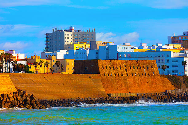 Baluarte de San Roque in Cadiz along ocean coast, with historic stone walls facing waves. Modern buildings and palm trees rise behind the fort, blending heritage Andalusia coastal city life