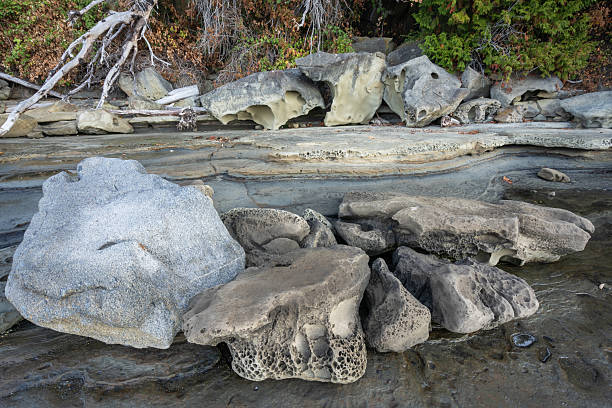 Late afternoon glow on the unique rock formations on Heron Rocks Park on Hornby Island, BC.