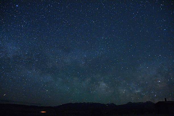 starry sky with a few stars above a small cabin