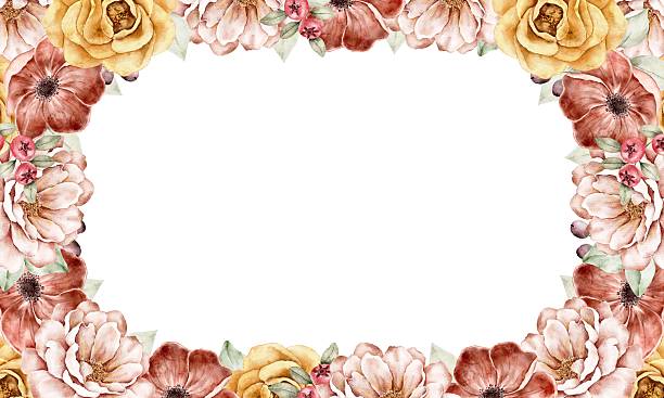 Watercolor horizontal floral frame with roses, sunflowers, and wildflowers in warm peach and burgundy shades. Perfect for wedding invitations, banners, and branding. Part of golden hour set.