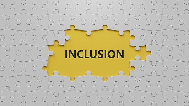 Symbol for a better inclusion. The white puzzle pieces with missing pieces with word 'inclusion'. Beautiful orange background. Copy space.3D rendering on yellow background.