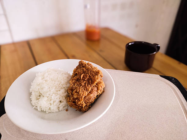 Fried Crispy Chicken with Steamed White Rice on Plate