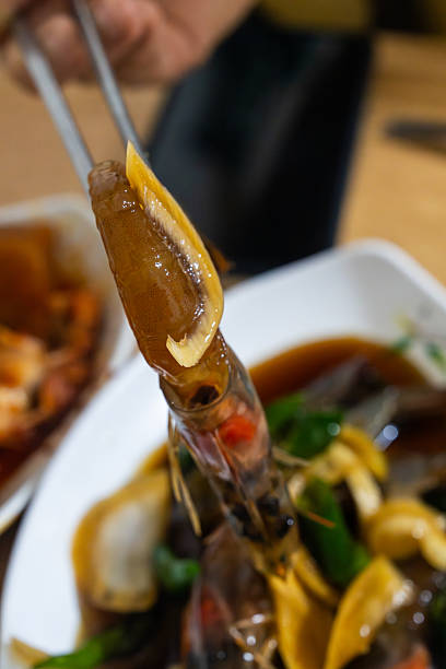 close-up of a prawn marinated soy sauce