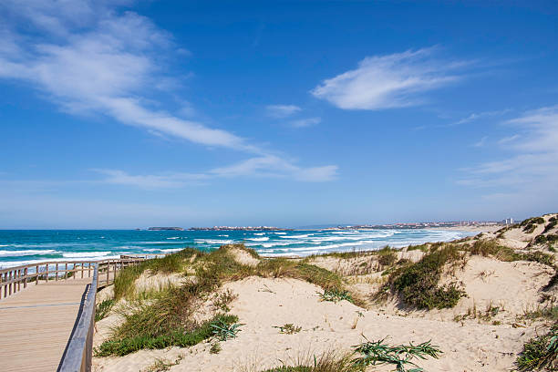 Wooden walkway leads to the Praia da Baia, one of the many beautiful beaches of Peniche which attract thousands of tourists every year