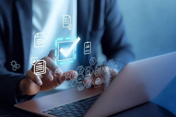 istock Businessman happy touching approved document icon on digital documents Quality assurance and online evaluation of business concept. 2236027818