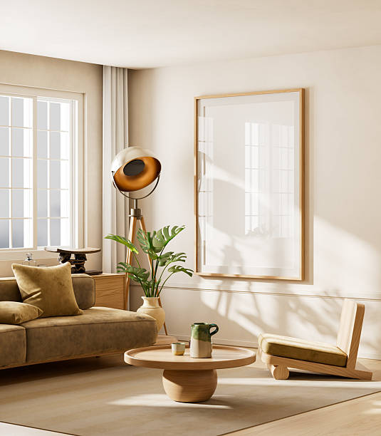 istock Scandinavian interior with mock up poster frame and minimalist elegance. 3D illustration 2236028420