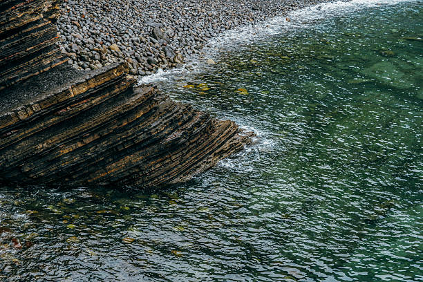 Stratified Rock Formations And Pebble Beach On Basque Coastline Spain. Layered sedimentary cliffs, geological strata, emerald ocean, erosion patterns
