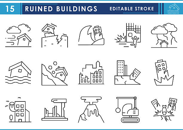 ilustraciones, imágenes clip art, dibujos animados e iconos de stock de un conjunto de iconos de línea relacionados con los edificios en ruinas. ruinas, destrucción, terremoto, guerra, rayos, antiguos, etc. trazo editable vectorial. - en ruinas