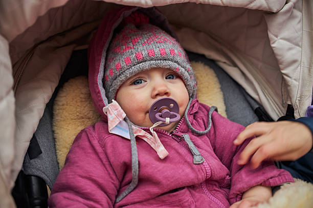 Baby girl in stroller on a winter day.