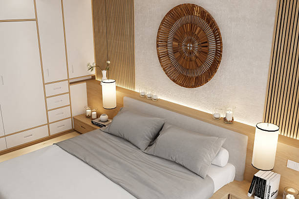 istock Japandi Bedroom Interior with Matte Pine Wood Bed and Vertical Wall Paneling 2236034548