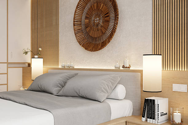 istock Japandi Bedroom Interior with Matte Pine Wood Bed and Vertical Wall Paneling 2236034668
