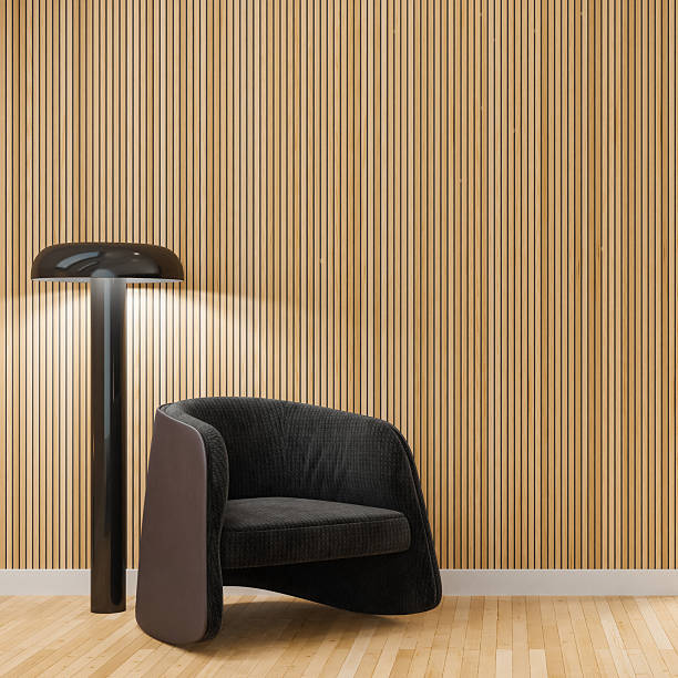 istock Modern Minimal Interior with Designer Armchair and Wood Paneling Wall 2236035823