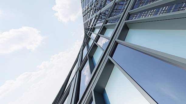 istock 3d rendering of modern architecture, Skyscraper corporate office building with glass window and curved steel frame 2236037193