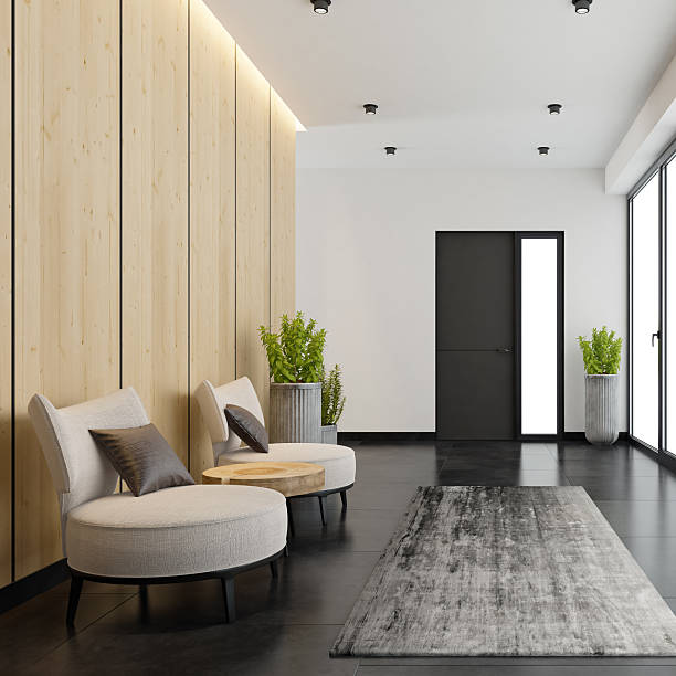 istock Japandi Style Hallway Interior with White Armchairs and Natural Materials 2236038021