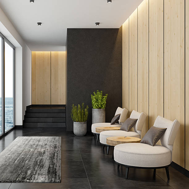 istock Japandi Style Hallway Interior with White Armchairs and Natural Materials 2236038049