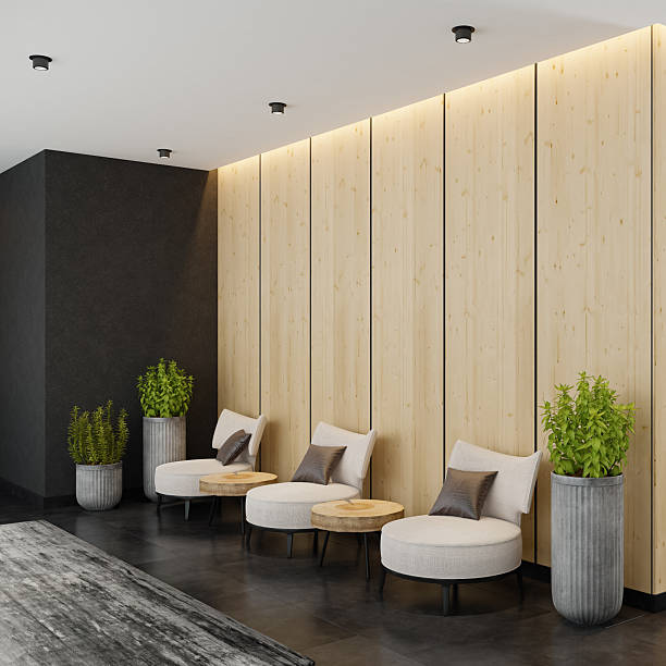 istock Japandi Style Hallway Interior with White Armchairs and Natural Materials 2236038051