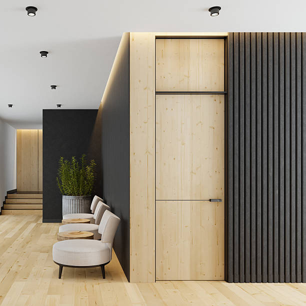 istock Japandi Style Hallway Interior with White Armchairs and Natural Materials 2236038052