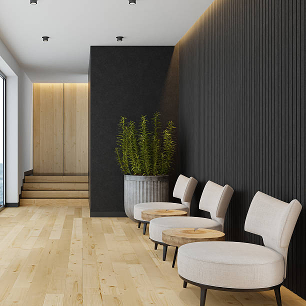 istock Japandi Style Hallway Interior with White Armchairs and Natural Materials 2236038120
