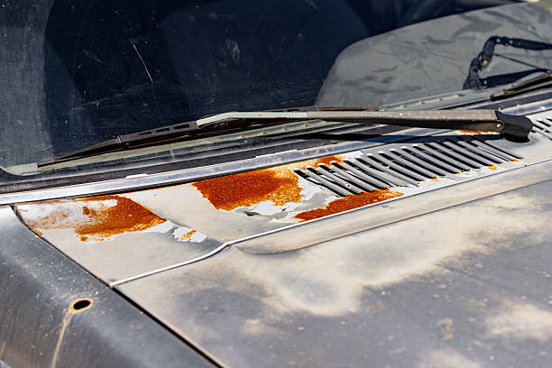 Close-up of a weathered car hood, featuring rust patches, a windshield wiper, and ventilation grill near the base of the windshield.