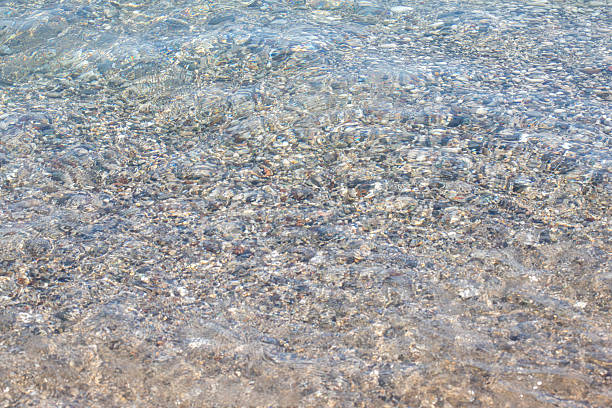 Shallow water covering pebbles and sand. Clear water distorts the view of the seabed, creating a rippled effect.